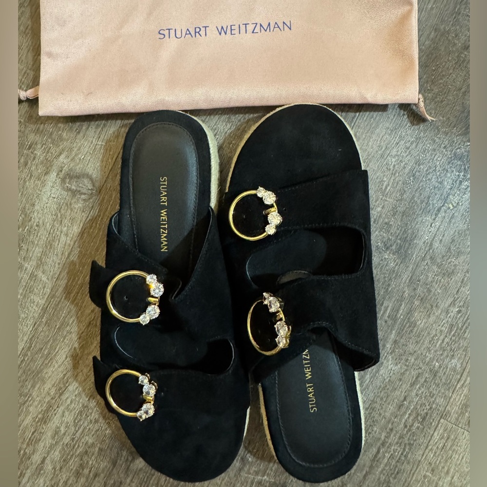Stuart Weitzman Black Espadrille Sandals with Diamond Buckles